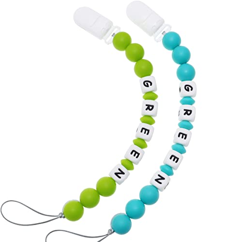 Personalized Pacifier Clip with Name, Customizable Pacifier Clip (2 Pack) (Green + Turquoise)