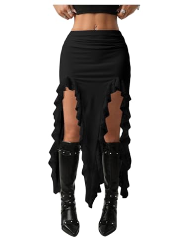 Verdusa Women's Western Asymmetrical Lace Ruffle Skirt High Slit Boho Bodycon Skirts Cowgirl Outfits Black Small
