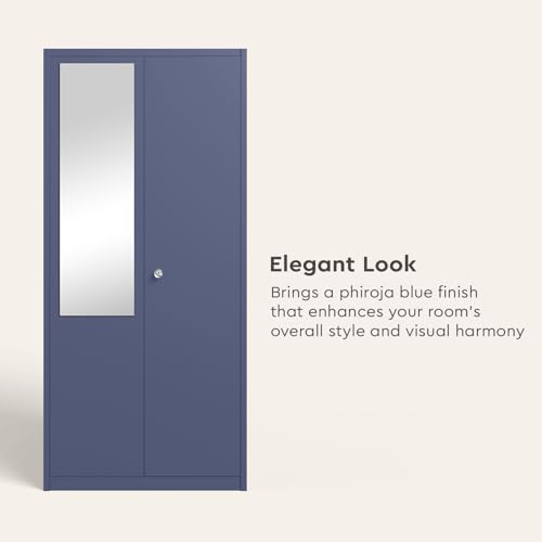 Image of Interio by Godrej Errol 2-Door Steel Almirah with Mirror (Textured Phiroja Blue), 1-Year Warranty, 1 Locker, 1 Drawer, 5 Shelves