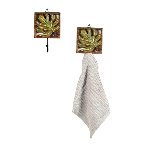 Image of AAKRITI ART CREATIONS Autumn Leaf Towel Hanger with Single Hook | Rustic Wood Wall Organizer with 2 Hooks | Storage Hook for Towels, Cloths, Napkins | Multifunctional Wall Decor Item
