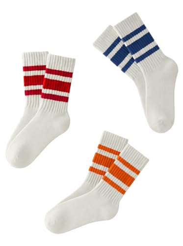 Image of 3 Pairs Women Striped Tube Socks Fun Novelty Cute Crew Socks Retro Sport Mid-Calf Socks for Women Grils