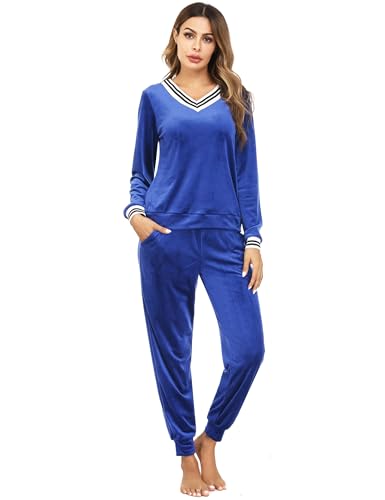 Ensemble rayé col en v velours écrasé manches longues femme bleu XXL avec poche