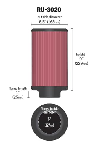 Image of K&N High-Flow Original Lifetime Universal Clamp-On Air Filter: High Performance, Premium, Washable: Flange Diameter: 5 In, Filter Height: 9 In, Flange Length: 1 In, Shape: Round, RU-3020