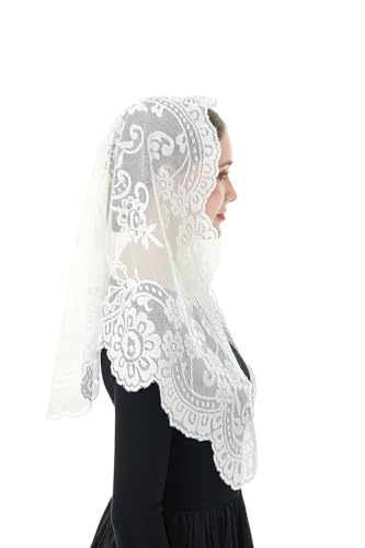 Wgior Elegant Veils for Catholic Church Lace Mantilla Chapel Veil for Women Traditional Prayer Headscarf,Religious Events (Ivory) - Thumbnail 4