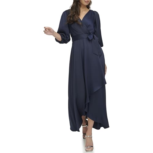 DKNY Women's Balloon Sleeve Satin Faux Wrap Maxi Dress