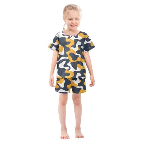ALAZA Blue Abstract Yellow Pajamas Set Short Sleeve Cotton Sleepwear Summer Pjs 2 Piece 5-14Y3