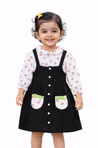 Image of babeezworld Baby Girl Cotton Dress - Full Sleeves Knee Length fit and Flare Dungaree Frock jhabla Regular fit top Tshirt