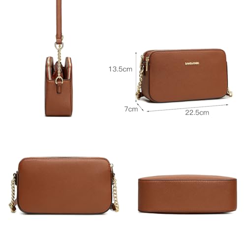 David Jones - Damen Kleine Umhängetasche - Frau Handytasche PU Leder - Ketten Handtasche Tasche mit 3 Fächern - Elegante Schultertasche Crossbody Bag Shopping Abend Party Trend - Braun Cognac – Bild 5