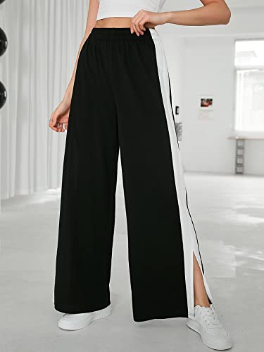 Image of Paralians Women Bottom Wear Side Seam Split Hem Polyester Sweatpants with Trendy Black and White Design Wide Leg Pants with Elegant and Relaxed Fit