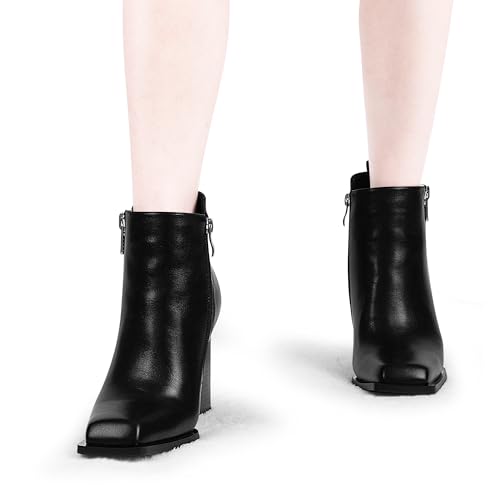 Women's Chunky High Heel Ankle Boots Side Zipper Square Toe Dress Booties4