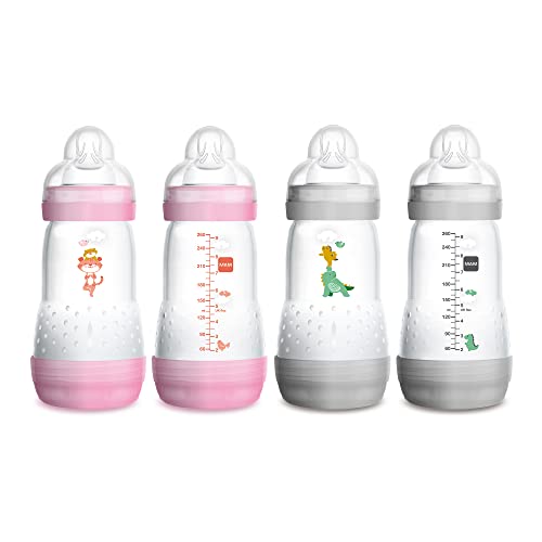 MAM Easy Start Anti-Colic Medium Flow Bottles 9 oz (4-Count), Gray and Pink
