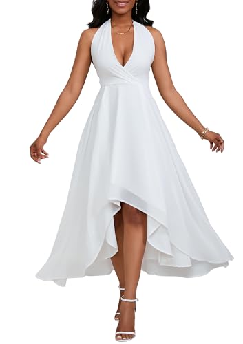 VERWIN Neckholder-Kleid, ärmellos, Maxikleid, geteilter Rüschensaum, lässig, rückenfrei, Abendkleid, Party, Cocktailkleid, Weiss/opulenter Garten,...