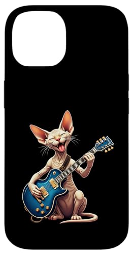 エレキギターを弾く面白いスフィンクス猫音楽愛好家 スマホケース iPhone 14 用