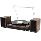 LP&No.1 Vinyl Record Player, Turntable with Stereo Compact External Speakers, Adjustable 3-Speed Belt-Drive Turntable, LP Player with RCA Jacks, Wireless Input, Auto-Stop Switch, Walnut Wood