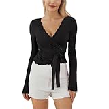 TYNXK Haut Cache-cœur de Ballet à Nouer croisé for Femme, Bordure en Dentelle, Manches Longues, col en V, Chemises de Yoga, Coupe ajustée, noué sur Le Devant(Black,L)