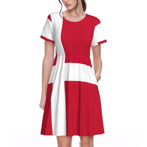 Robe d'été mi-longue confortable pour femme col rond motif drapeau danois