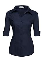 HOTOUCH Ladies Shirts Short Sleeve Cotton Shirt Blouses for Women 3/4 Sleeve Tops Office Blouse Fitted Shirts V-Neck Top Navy Blue XS