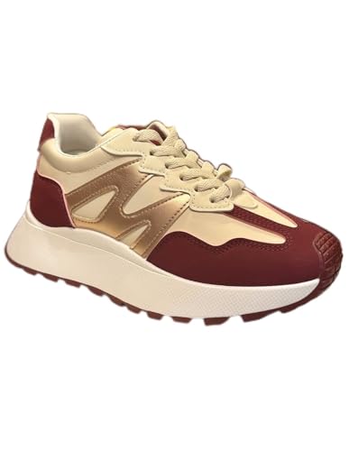 Modieuze sneakers voor dames, bordeauxrood en beige, getande plateauzool, stijlvolle sneakers,...