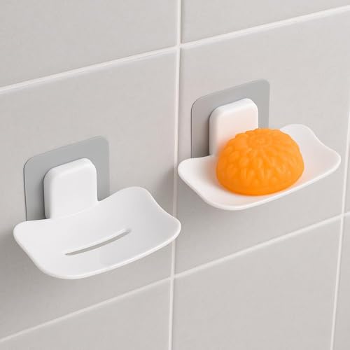 Image of Self-Adhesive Soap Holder for Bathroom (Pack of 2) Wall Mounted No-Drill Soap Stand with Water Drainage | Strong Sticker Plastic Soap Dish for Wash Basin & Kitchen (White&Black)