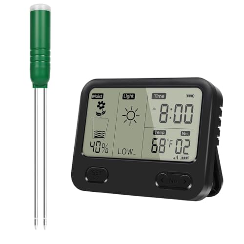 Lawnoval Humidimètre sans fil 4 en 1 avec contrôle de la température, de la lumière du soleil et du temps, étanchéité IPX5, portée de 150 m, pour plantes d'intérieur/extérieur