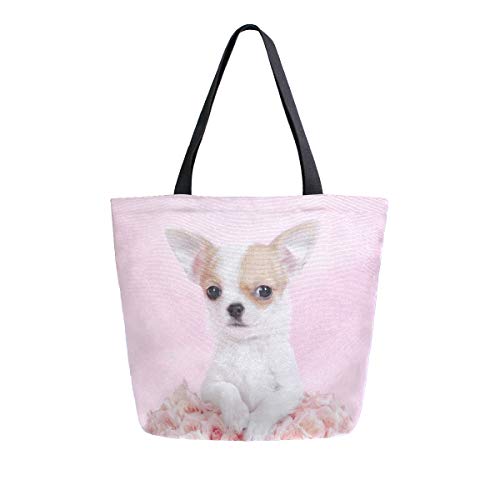 Preisvergleich Produktbild Mnsruu Canvas Handtasche Schultertasche, Frauen Griff Einkaufen Crossbody Tasche, stilvolle Chihuahua Welpe mit Rose Tote Casual Strand Multifunktionstaschen für Damen Frauen