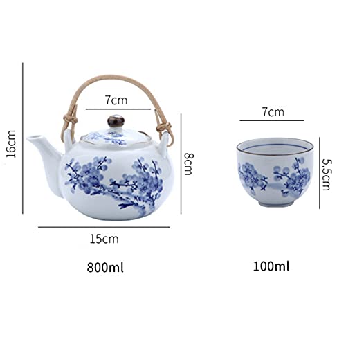 fanquare Juego de Té Japonés de Porcelana Azul y Blanca, Servicio de Té de Flor de Ciruelo, Tetera de Cerámica con Mango… - Imagen 8