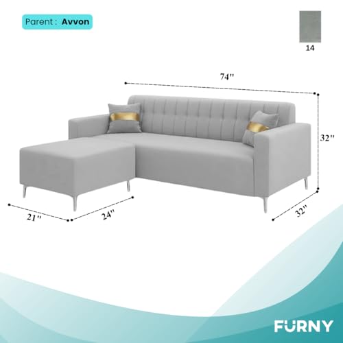Image of FURNY Regan 4 Seater L Shape Sofa Set with Movable Ottoman | Flexible Left or Right Layout | Plush Velvet Fabric (Light Grey) | Perfect for Living Room, Guest Room & Office