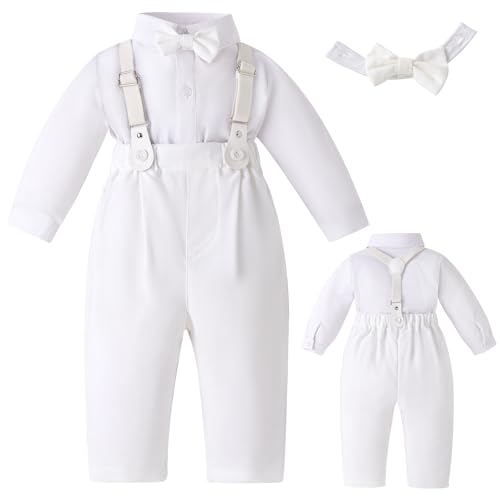 Image of Booulfi Baptism Christening Outfits for Baby Boy Outfits,NB- 5t Boy Clothes | 4 Piece Button Down White Shirt Bow Tie Photography Suspenders Baptism Outfits for Boys,Newborn 5t Boys Clothes Summer