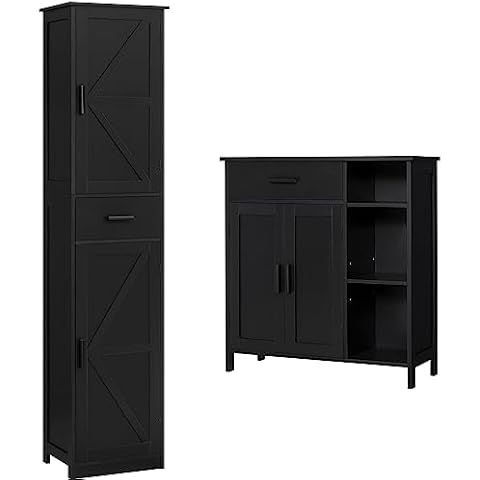 WEENFON Bathroom Storage Cabinet Set, Tall Bathroom Cabinet with 6 Shelves & 1 Drawer, Small Floor Cabinet with 2 Doors, 1 Drawer & 3 Shelves,for Bathroom, Living Room, Bedroom, Kitchen, Black Cover