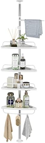 HOCSOK Adjustable Bathroom Corner Shelf, Telescopic Shower Caddy, with Stainless Steel Frame, 96-310 cm, Floor to Ceiling, with 4 Trays, 3 Hooks, 1 Towel Bar, White and Silver
