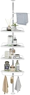 HOCSOK Adjustable Bathroom Corner Shelf, Telescopic Shower Caddy, with Stainless Steel Frame, 96-310 cm, Floor to Ceiling, with 4 Trays, 3 Hooks, 1 Towel Bar, White and Silver