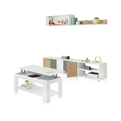 duehome | Pack de Salon con Modulo TV + Mesa de Centro, Conjunto de Salon, Modelo Alix Plus V1, Acabado en Blanco Artik, y Natur