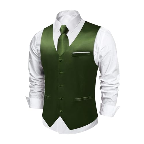 Men’s 4-Piece Satin Suit Vest Set – Includes Tie, Handkerchief, Cufflinks, Solid Color Wedding Waistcoat