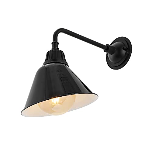Image of JONATHAN Y Croydon 1-Light Gooseneck Barn Sconce 9.63 inch, Black | Metal Bell Shade, Farmhouse Industrial Wall Fixture, Indoor or Outdoor, LED Bulb Included, Dimmable, For Porch, Patio