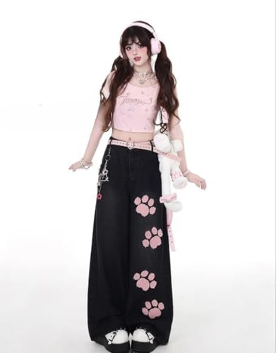 Y2k Kawaii Cat Paw Embroidery Wide Leg Jeans Vintage Hiphop Streetwear Preppy Sweet Loose Fit Casual Denim Pants4