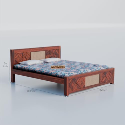 Image of Sheesham Wood 1 Bed Without Storage Solid Wooden Cot Bed Elegant and Functional Bedroom Living Room Home (Honey Finish 2 Can, King)