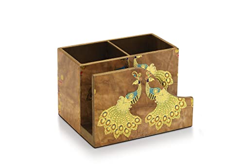 Image of Attro Peacock Gold Designer Wooden Cutlery Holder and Napkin Holder Set, Organizer Stand, Multipurpose Stand, Spoon Holder, Standard