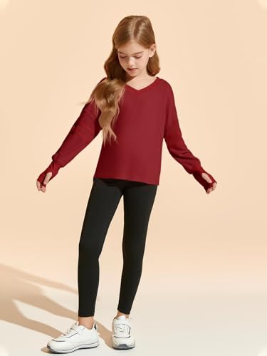 Image of Haloumoning Girls Oversized Long Sleeve T Shirts Kids Casual V Neck Cute Tops Basic Tees with Thumb Holes 5-14Y Burgundy
