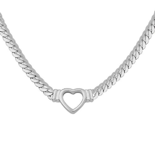 Flat Cuban Link Love Heart Chunky Chain Necklace Gold Stainless Steel Hollow Heart Charms Choker Clavicle Jewelry for Women Teen