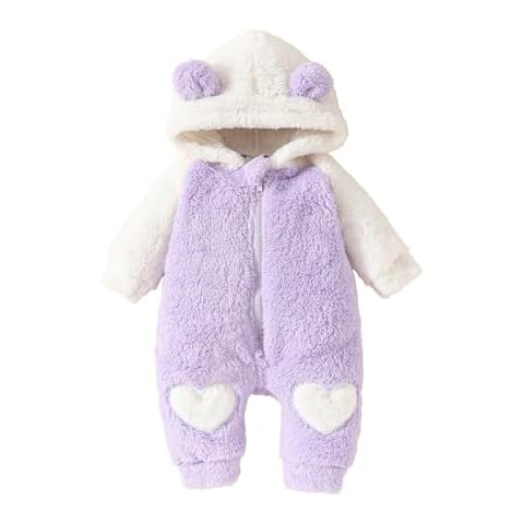Afunbaby Newborn Baby Girl Boy Clothes Bear Onesie Long Sleeve Snowsuit Hooded Romper Winter Clothes (Purple Love Bear, 0-3 Months) Cover