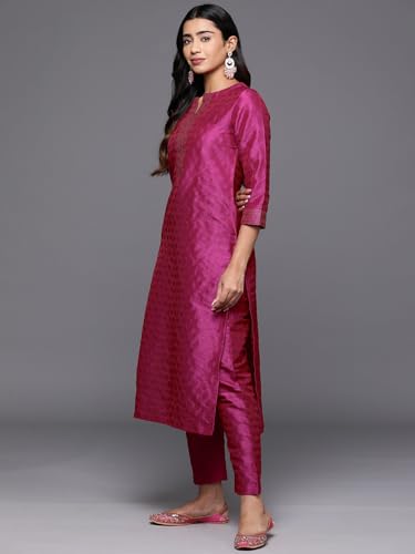 Image of Varanga Women Embroidered Straight Kurta Pant Set with Dupatta | Silk Blend Fabric | 3 /4 Sleeve Round Neck | Lightweight Comfortable Summer Wear