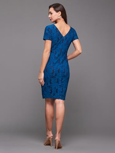 Image of Miss Chase Womens Bodycon Square Puff Sleeve Solid Lace Overlaid Ankle Length Dress