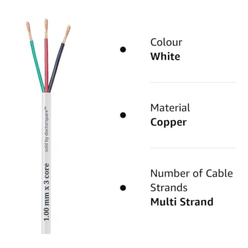 Image of 1.0 Sq. mm 3 Core Round Copper Wires & Cables for Home, Domestic & Industrial Electrical Connections - White (3 metres)