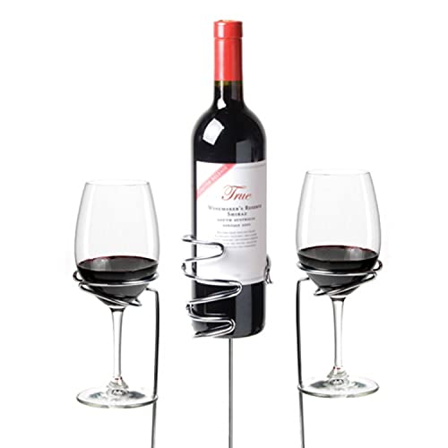 True Stix Chrome Outdoor Drink Holder Stakes Fits 2 Wine Glasses and 1 Bottle, Yard Cups, Beach and Picnic Essentials, Set of 3