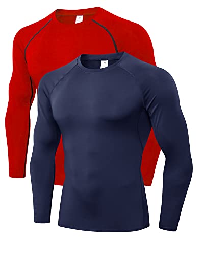 LNJLVI Camiseta de Compresión Deportiva para Hombre Camisa Manga Larga Cuello Redondo Playeras, Navy-Rojo, XL
