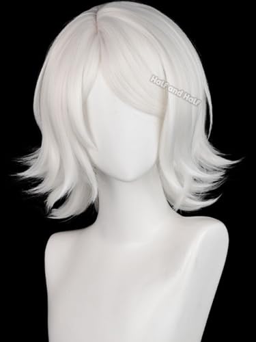 Image of Half and Half Short White Anime Wig for Juuzou Cosplay Male Silver White Layered Wig with Side Part Bangs for Women Men Unisex Halloween Party
