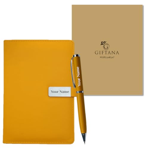 Image of Giftana Personalized Notebook Diary with Pen Gift Set for Men and Women, 2 in 1 Customized Office Diaries A5 Size Notebook, Diwali Gifts, Personalised New Year Corporate Gifts for Employees (Yellow)