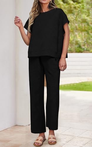 PRETTYGARDEN 2 Piece Outfits For Women Casual Tracksuit Short Sleeve Tops And Wide Leg Long Pants Matching Lounge Sets3