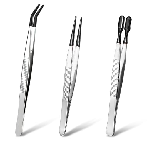3 Piece Tweezers with Rubber Tips Set Stainless Steel Rubber Tipped Tweezers Bent Flat and Pointed Precision Tweezer for Jewelry Crafts Electronics and Lab Use Black