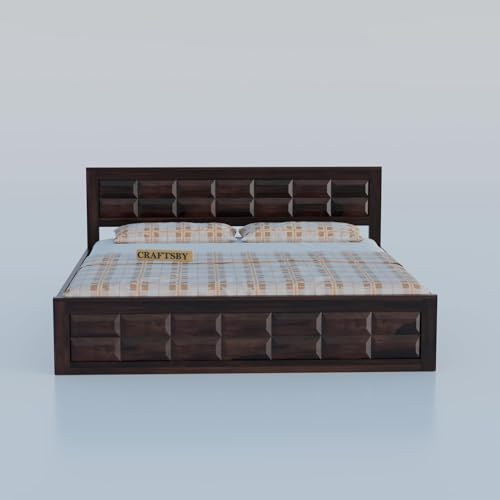 Image of Solid Sheesham Wood Queen Size Bed with Storage | Wooden Double Bed Cot for Bedroom & Home | Palang Double Bed with Designer Headboard | Walnut Finish | 81 x 62 Inch
